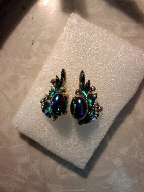 Stunning! Hattie Carnegie Iridescent Clip On Climber Earrings